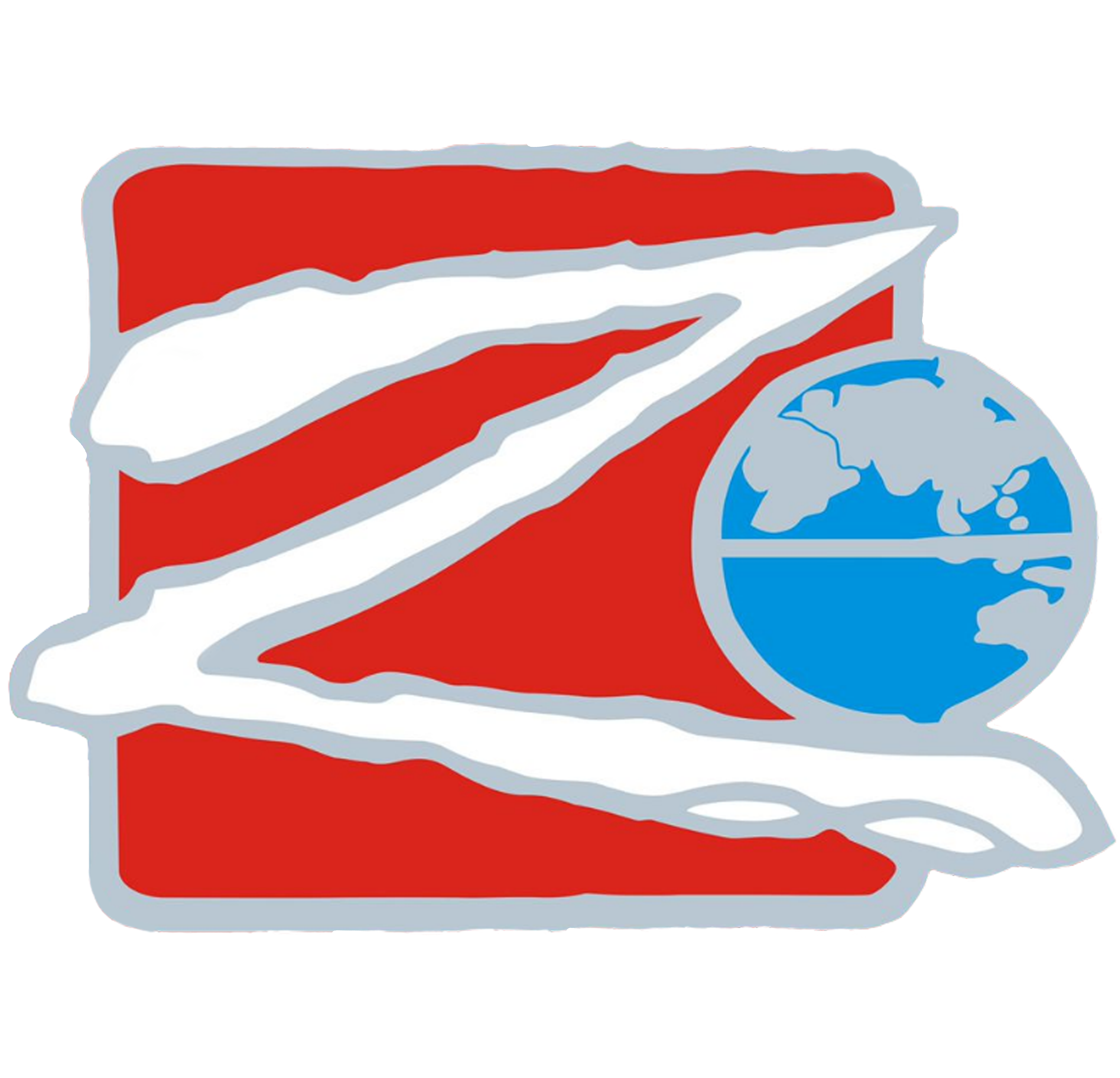 Stylized red Z with white stripes and a blue globe on the right, outlined in gray with a faint reflection below.